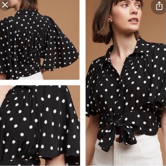 Anthropologie-Maeve-Canna-Polka Dot-Crop Top-Black & White-Flowy Sleeves-Size 2 - Picture 1 of 15